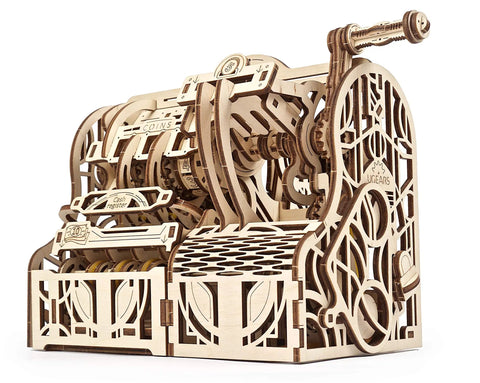Old School 3D Wooden Puzzle Cash Register Box DIY Money Box Kit For Adults, Vintage Mechanical Model, Self Assembly Woodcraft Construction Kit, Retro Style Money Storage For Home Or Office Decor. 3D wooden cash register puzzle box, open view