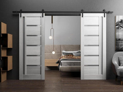Quadro 4088 Double Sliding Barn Door Kit In Light Gray Oak With Frosted Glass 84 By 96 Inch Interior Door Solid MDF Core 13 Ft Black Rail Hardware Included Full Ready To Install Hardware Set in a modern living space.