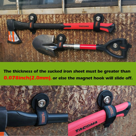 Heavy Duty Magnetic Garage Organizer Straps holding tools on metal surface, showcasing Velcro straps and magnetic hooks.