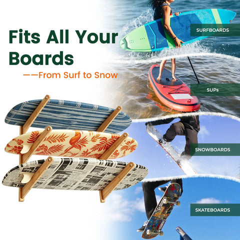 Solid 3 Tier Bamboo Surfboard Rack for Wall Mount or Floor Stand displaying surfboards, SUPs, and snowboards.