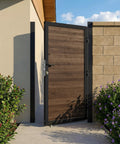 6 Ft By 3 Ft Cedar Wood Fence Gate Kit With Aluminum Frame Privacy Gate Board On Board, installed in backyard with plants