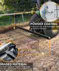 72 Inch 3 Point Tractor Rake For Pine Straw Needle Rake And Lawn Debris with Cat 1 Hitch, shown on dry grass with steel material detail.
