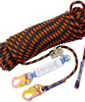 Heavy Duty Roof Safety Rope Lanyard 25Ft With Grab Snap Hooks and Shock Absorber, ANSI CE certified, coiled on white background