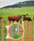 Installed gate hinge on wooden fence; stainless steel, 5/8-inch pin, heavy-duty wall-mounted farm gate hinge.