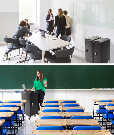 Four Pack Compact Mobile Charging Cart Bundle For Chromebooks Laptops And Tablets with woman using laptop in classroom