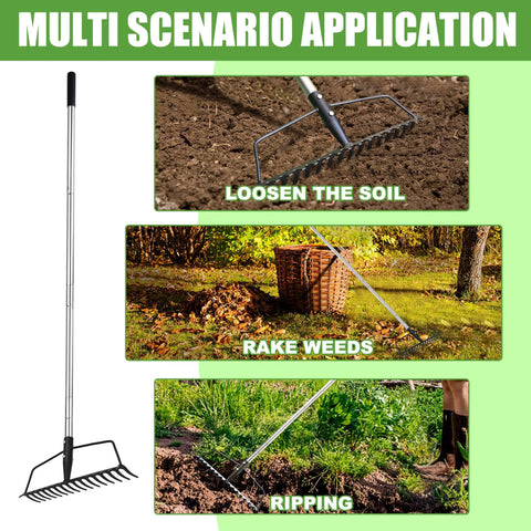 Heavy Duty 16 Tine Bow Rake With Adjustable Stainless Steel Handle For Yard Work in soil loosening and raking leaves scenarios