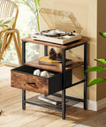 Two Pack Nightstand Set With Fabric Drawers And Mesh Shelf, Open Storage, And Sturdy Metal Frame In Rustic Brown, shown with decor