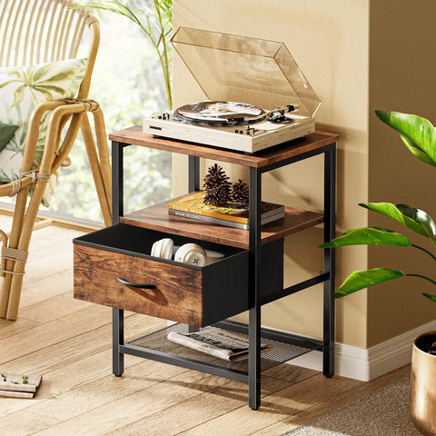 Two Pack Nightstand Set With Fabric Drawers And Mesh Shelf, Open Storage, And Sturdy Metal Frame In Rustic Brown, shown with decor