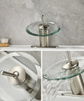 Waterfall Bathroom Sink Faucet In Brushed Nickel With Glass Disk Rinser, Modern Circle Design For Basin Vanity