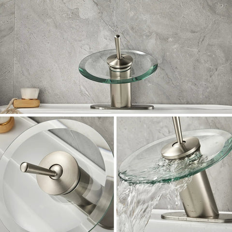 Waterfall Bathroom Sink Faucet In Brushed Nickel With Glass Disk Rinser, Modern Circle Design For Basin Vanity