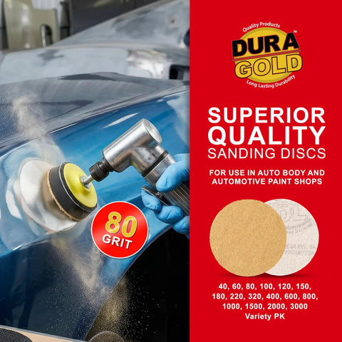 Premium 80 Grit 3 Inch Hook And Loop Sanding Discs For DA Sanders, coarse cut, shown in automotive use with DA sander.