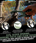 Canoe Kayak Anchor Grip With Teeth Clamps And 15ft Paracord securing a kayak to tree branch beside a calm shoreline water, matte green.