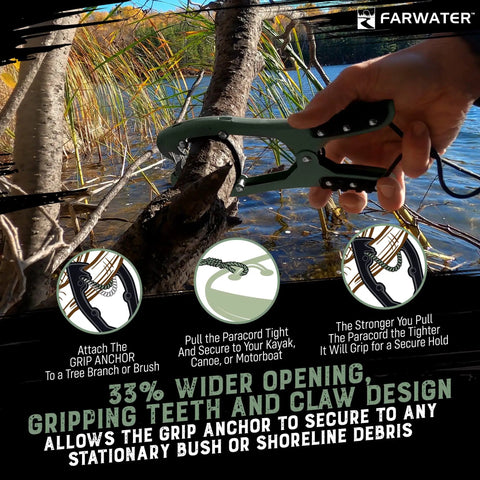 Canoe Kayak Anchor Grip With Teeth Clamps And 15ft Paracord securing a kayak to tree branch beside a calm shoreline water, matte green.