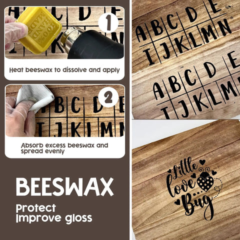 Application process of Wood Burn Paste Kit 4 Oz Gel For Easy DIY Wood Burning In Minutes on wood, showing beeswax usage and engraved design.