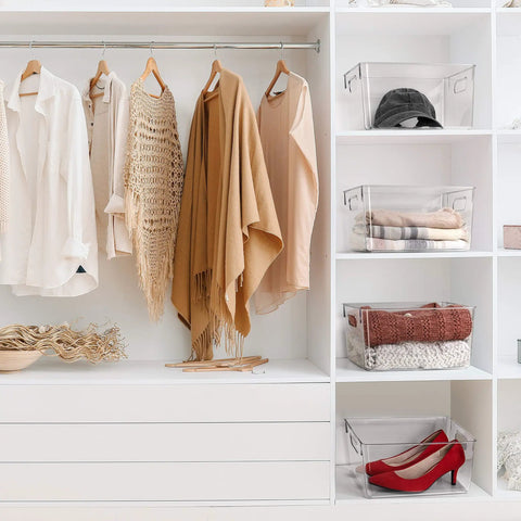 Massive Clear Plastic Storage Bins Pantry Fridge Cube Organizers Keep Your Gear Straight Up Legit Tidy on shelves with clothes.