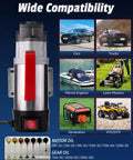 Heavy Duty 12V Oil Extractor Pump Equipped With Pure Copper Motor Efficiently Drains Thick Engine Oil Gear Transmission Fluid And Diesel Slick No Mess Transfer Tool showing compatibility with cars, trucks, marine engines, lawn mowers, and generators.