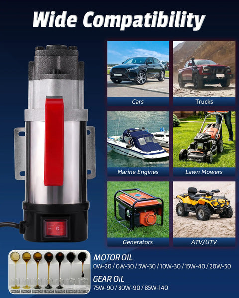 Heavy Duty 12V Oil Extractor Pump Equipped With Pure Copper Motor Efficiently Drains Thick Engine Oil Gear Transmission Fluid And Diesel Slick No Mess Transfer Tool showing compatibility with cars, trucks, marine engines, lawn mowers, and generators.
