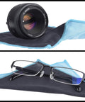 Lens cleaning paper tissue and blue double-sided cleaning cloth for Nikon camera lenses
Eyeglasses on blue double-sided microfiber cleaning cloth
