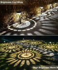 6 Pack Solar Pathway Lights With Warm White And Cool White LEDs illuminating garden path at night, IP67 waterproof