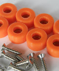 Orange half inch diameter rubber bumper feet with stainless steel screws, part of 8 or 24 pack, for various uses.