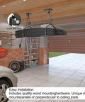 Ceiling Storage Hoist For Rooftop Carriers And Gear Heavy Duty Garage Pulley Lift System Holds Up To 150 Lbs in garage setting.