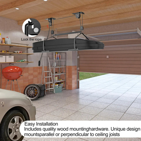 Ceiling Storage Hoist For Rooftop Carriers And Gear Heavy Duty Garage Pulley Lift System Holds Up To 150 Lbs in garage setting.