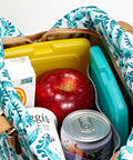 4 Pack Slim Ice Packs for Lunch Boxes and Coolers, Quick Freeze, Reusable and Durable in floral lunch bag with food items