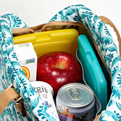 4 Pack Slim Ice Packs for Lunch Boxes and Coolers, Quick Freeze, Reusable and Durable in floral lunch bag with food items
