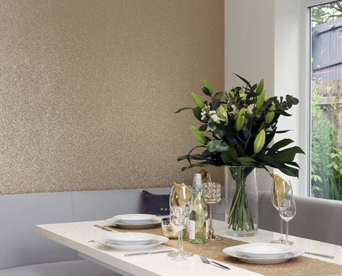 Dining room with Gold Sequin Wallpaper Roll With Sparkle Finish For Living Rooms And Feature Walls Metallic Texture 20.5 Inches By 19.5 Feet Full Roll Glam Wall Decor That Turns Heads