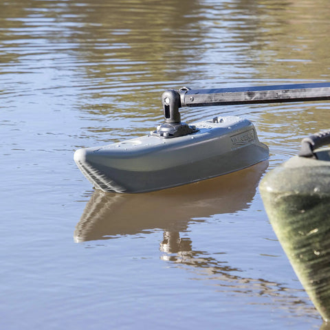 Dual Outriggers Standncast Gen II with 30in arm attached to small boat, Railblaza StarPort HD mount, providing side-to-side stability.