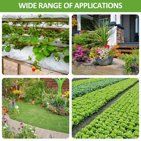 164Ft Drip Irrigation Kit for Gardens and Yards, Auto Watering System displayed in various garden settings with plants and flowers