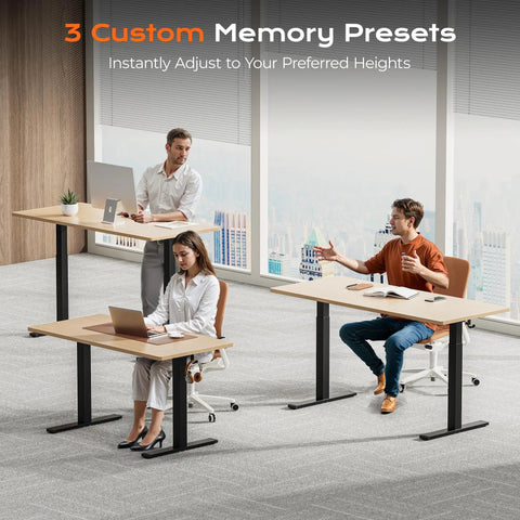 Huuger Dual Motor Electric Standing Desk Frame Black with three memory presets used in a modern office, adjustable for multiple users.