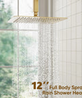 12 Inch Rain Shower Head With Handheld Combo Set, Ceiling Mounted High Pressure Dual Shower System in Gold Finish, Shower On