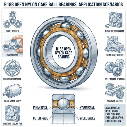 Open Deep Groove Ball Bearing One Quarter Inch Bore Nylon Cage High Speed Bearings For Fidget Spinners And Router Tools Pack Of Ten Ideal For Fidget Toy Modding Precision Spin Durable Nylon Cage For Smooth Long Lasting Performance infographic of R188 open nylon cage bearing applications