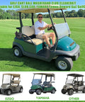 Universal Golf Cart Ball Washer And Club Head Cleaner Kit With Easy Snap Mount And Bad Ass Heavy Duty Power Brushes To Wash Down Your Toys And Feel Right At Home on a golf cart with a person.