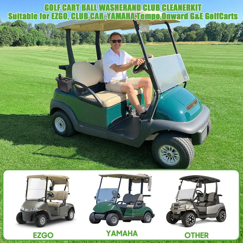 Universal Golf Cart Ball Washer And Club Head Cleaner Kit With Easy Snap Mount And Bad Ass Heavy Duty Power Brushes To Wash Down Your Toys And Feel Right At Home on a golf cart with a person.