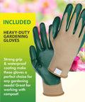 Pair of heavy-duty gardening gloves with green coating on palms and fingers, ideal for yard work, displayed against floral background.