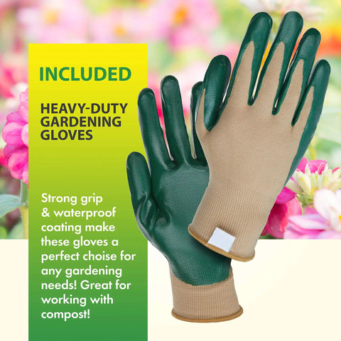 Pair of heavy-duty gardening gloves with green coating on palms and fingers, ideal for yard work, displayed against floral background.