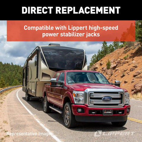 Replacement Motor For High Speed Electric Stabilizer Jacks On 5th Wheel And Travel Trailer Systems with truck and RV on road