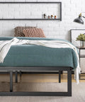 Queen Size Metal Platform Bed Frame With Reinforced Steel Slat Support And Absolutely No Box Spring Required No Sweat Assembly Heavy Duty Durable Mattress Foundation Built Like A Tank with cozy bedding.