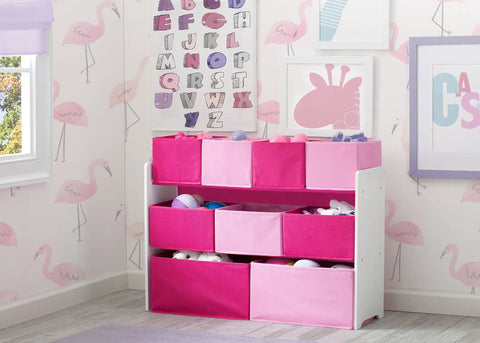 Deluxe Multi Bin Toy Organizer With 9 Bins In White And Pink For Toddlers Ages 3 To 6 in playroom with flamingo wallpaper