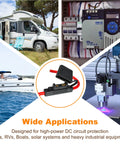 Badass Heavy-Duty Inline Blade Maxi Fuse Holder Kit With Flip-Up Cover Includes 6 AWG Red Wire and Assorted 50A 60A 80A Fuses in use for RVs and boats.