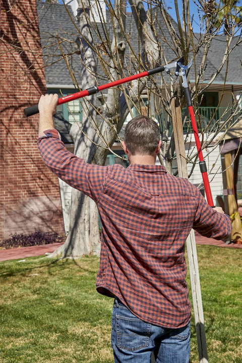 Person using Extendable Handles Compound Action Bypass Lopper For Thick Branches Up To One And A Half Inches in yard