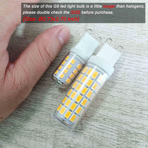 Close-up of G9 LED Bulbs 75W 80W 100W Halogen Equivalents, 1000 Lumen Soft Warm White with hand for size comparison.