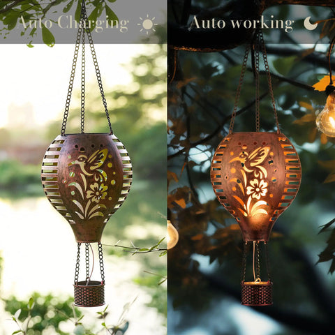 Hummingbird Hot Air Balloon Hanging Solar Lantern 1 Pack for Garden Decor, 10.6-inch outdoor lights auto-charging and working at night.