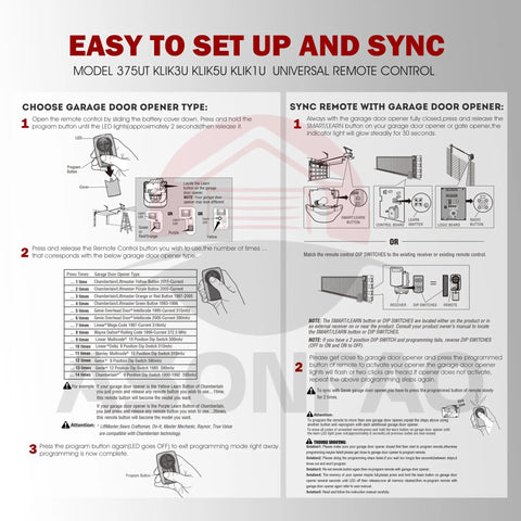 Instruction guide for Universal Garage Door Opener Remote 2 Pack Compatible With Chamberlain Craftsman Sears Openers