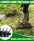 Person using Thatch Rake For Lawns With 21 Curved Steel Tines And A 64 Inch Adjustable Handle Heavy Duty Dethatcher Rake