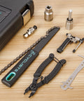7 Piece Bike Tool Kit With Storage Case For Mountain And Road Bikes displayed with chain extractor and wrenches