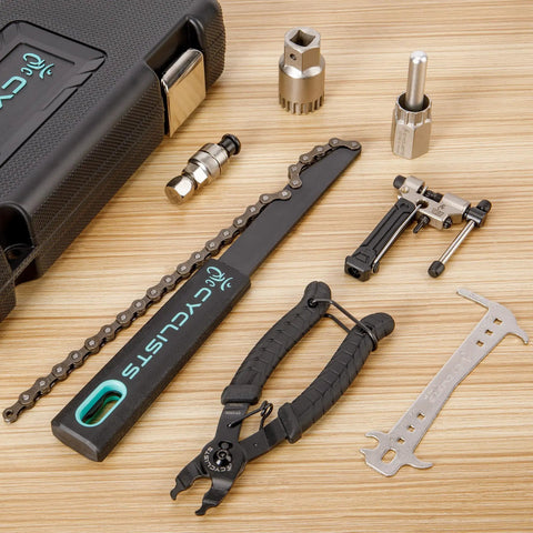 7 Piece Bike Tool Kit With Storage Case For Mountain And Road Bikes displayed with chain extractor and wrenches