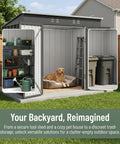 Lockable Metal Outdoor Storage Shed in Galvanized Steel, Rust-Resistant and Waterproof, open showing tools and dog bed
